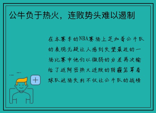 公牛负于热火，连败势头难以遏制