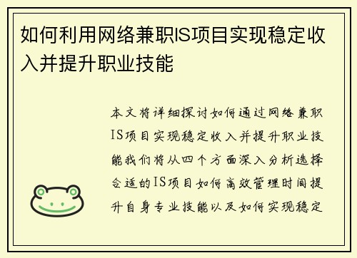 如何利用网络兼职IS项目实现稳定收入并提升职业技能