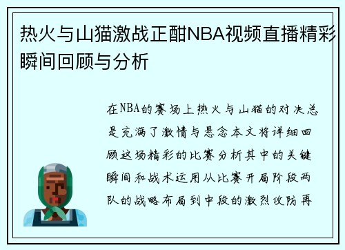 热火与山猫激战正酣NBA视频直播精彩瞬间回顾与分析