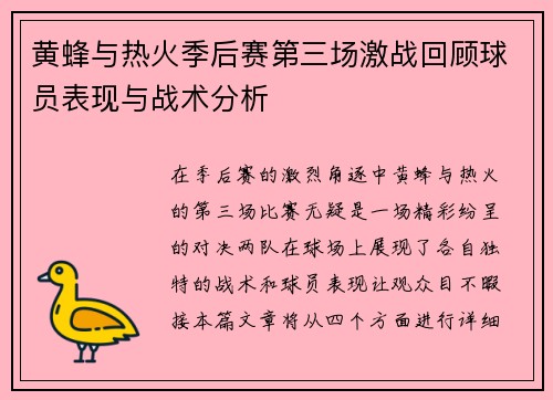 黄蜂与热火季后赛第三场激战回顾球员表现与战术分析